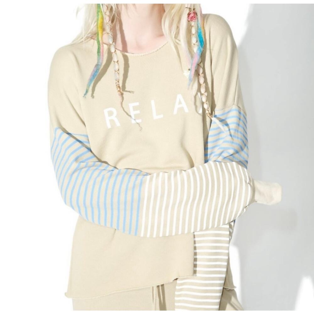 Wildfox Relax Striped Sleeve Raw Hem Sweatshirt Cream Blue Medium Boxy Oversized